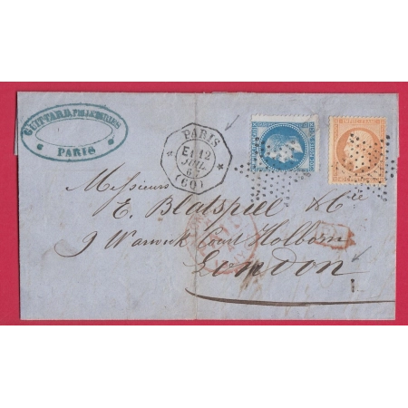 N°23 29 PARIS BUREAU CENTRAL LEVEE EXCEPTINNELLE POUR LONDES ANGLETERRE 1867 LETTRE COVER