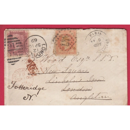 N°31 PARIS LES BATIGNOLES MIXTE ANGLETERRE LONDRES  LONDON REEXPEDIEE TOTTERIDGE 1869 LETTRE COVER