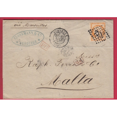 N°38 GC 532 BORDEAUX GIRONDE POUR MALTE MALTA 1873 LETTRE COVER FRANCE