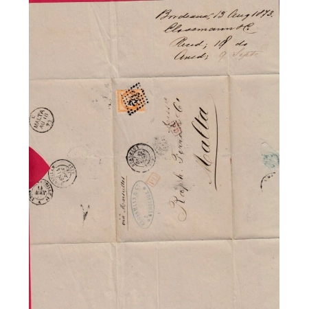N°38 GC 532 BORDEAUX GIRONDE POUR MALTE MALTA 1873 LETTRE COVER FRANCE
