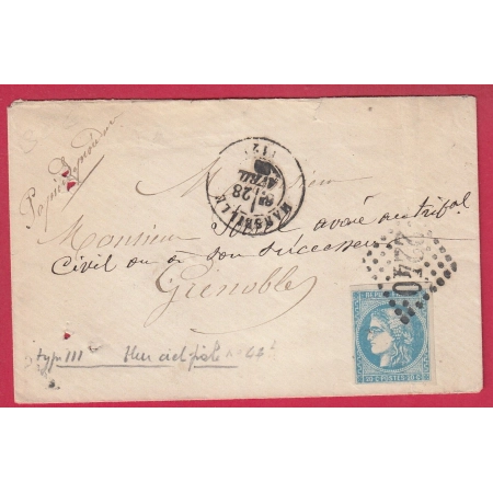 N°46B COULEUR BLEU CIEL PALE GC 2240 MARSEILLE POUR GRENOBLE LETTRE COVER FRANCE