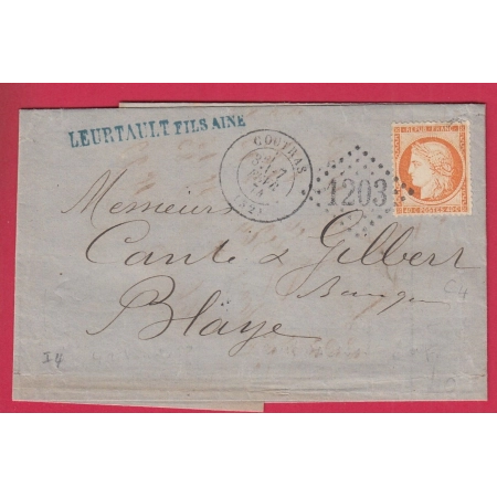 N°38 GC 1203 COUTRAS GIRONDE POUR BLAYE 1874 LETTRE COVER FRANCE