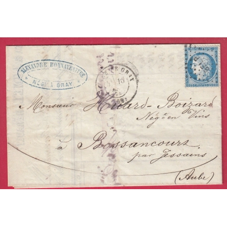 N°60 CAD GARE DE GRAY HAUTE SAONE AMBULANT BELFORT A PARIS POUR BOSSANCOURT AUBE LETTRE COVER FRANCE