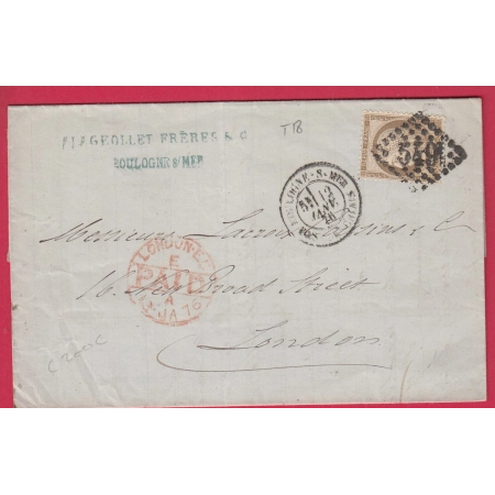 N°56 GC 549 CAD TYPE 18 BOULOGNE SUR MER PAS DE CALAIS POUR LONDRES LONDON ANGLETERRE LETTRE COVER FRANCE