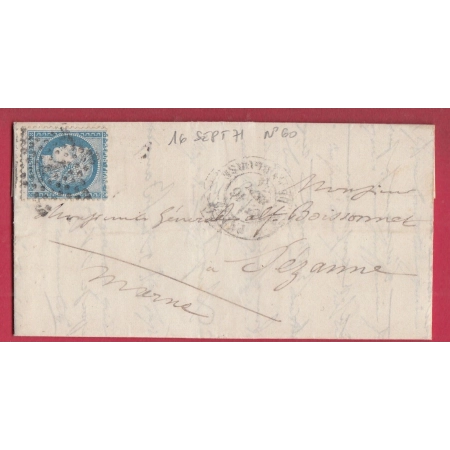 N°60 DU 16 SEPTEMBRE 1871 PRECOCE PARIS ETOILE 1 PL DE LA BOURSE POUR SEZANNE MARNE LETTRE COVER FRANCE
