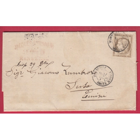 N°56 CAD MARSEILLE BOITE MOBILE POUR SUSA VIA TUNIS TUNISIE 1876 LETTRE COVER FRANCE