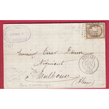 N°56 GC 3377 SENONES VOSGES POUR MULHOUSE HAUT RHIN ALSACE LORRAINE ALLEMAGNE 1876 BUREAU PASSE NANCY MEURTHE AU DOS