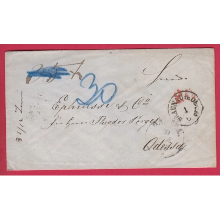 AUTRICHE BRAUNAU TAXE 35 MODIFIE 30 POUR ODESSA UKRAINE RUSSIE RUSSIA VIA LEMBERG 1865 LETTRE COVER