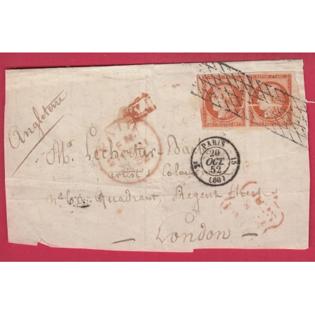 N°5 PAIRE GRILLE SANS FIN PARIS 3311 PARIS 2E 60 15 POUR LONDRES LONDON ANGLETERRE DEVANT DE LETTRE AVEC RABAT