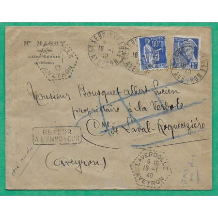 N°368 + 407 MIXTE PAIX MERCURE ST SERNIN SUR RANCE AVEYRON POUR LAVAL ROQUECEZIERE REEXP LAVERDOLLE GRIFFE FACTEUR 1940