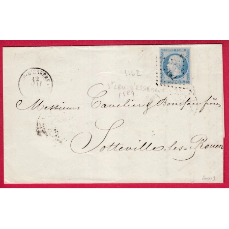 N°14 BLEU LAITEUX PC 3162 ST LEU D'ESSERENT OISE POUR SOTTEVILLE LES ROUEN LETTRE COVER