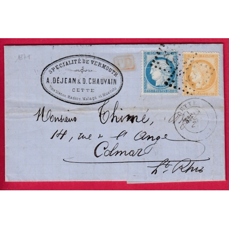 N°55 60 VARIETE RAYURE GC 822 CETTE HERAULT POUR COLMAR HAUT RHIN ALLEMAGNE 1875 ALSACE LORRAINE LETTRE COVER