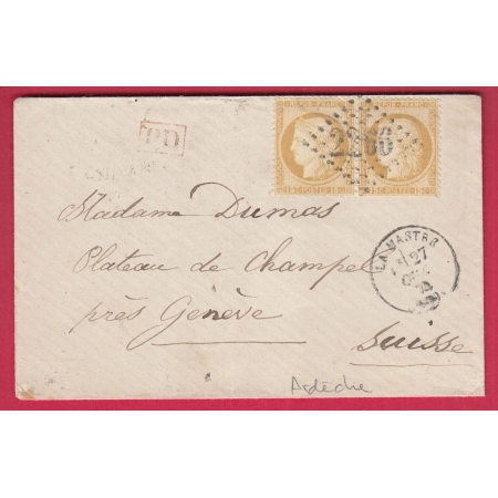 N°55 PAIRE GC 2266 LAMASTRE ARDECHE CAD TYPE 16 POUR CHAMPEL GENEVE SUISSE 1874 LA MASTRE LETTRE COVER