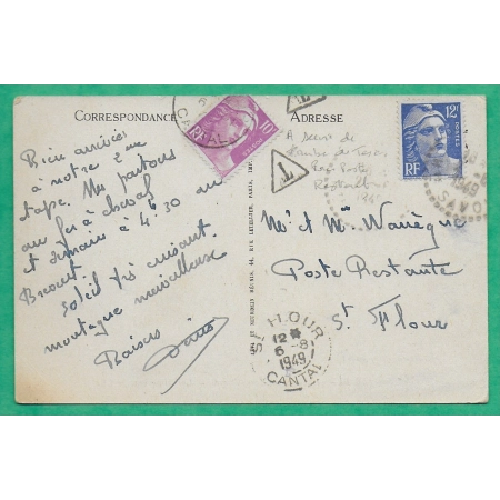 N°812 MARIANNE GANDON + 811 UTILISATION TAXE POSTE RESTANTE CARTE POSTALE SIXT HAUTE SAVOIE POUR ST FLOUR CANTAL 1949