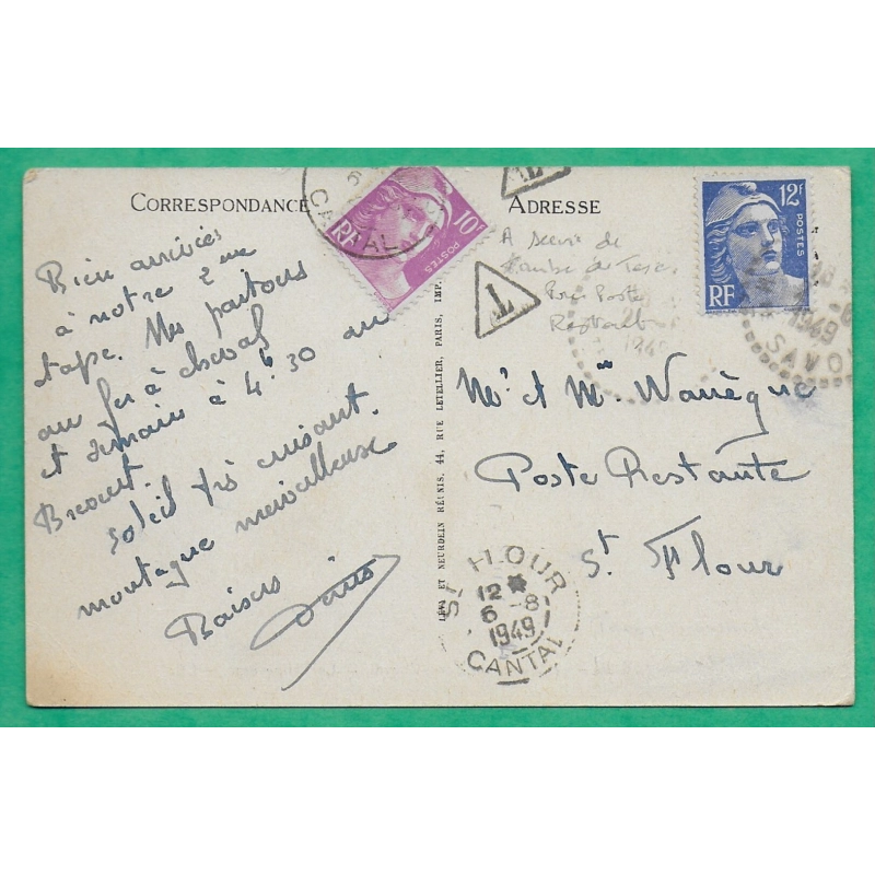 N°812 MARIANNE GANDON + 811 UTILISATION TAXE POSTE RESTANTE CARTE POSTALE SIXT HAUTE SAVOIE POUR ST FLOUR CANTAL 1949