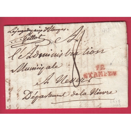 MARQUE 72 ETAMPES SEINE ET OISE CONTRE SEING DU JUGE DE PAIX 1798 POUR NEVERS NIEVRE LETTRE COVER