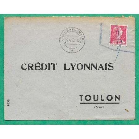 N°1011 MARIANNE DE MULLER TAXE 8 MANUSCRITE UTILISE A L'ETRANGER VÖLKLINGEN SAAR POUR TOULON VAR 1956 COVER FRANCE