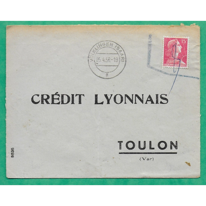N°1011 MARIANNE DE MULLER TAXE 8 MANUSCRITE UTILISE A L'ETRANGER VÖLKLINGEN SAAR POUR TOULON VAR 1956 COVER FRANCE