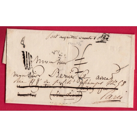 MARQUE P PARIS MENTION ACQUITTE A MANTES SEINE ET OISE REEXPEDIE A PARIS FRANCHISE VERIFIEE 1825 LETTRE COVER