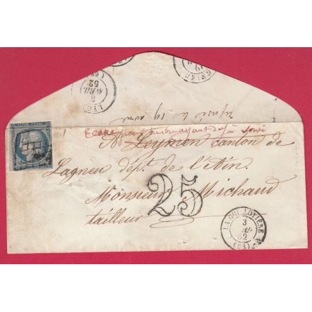 N°4 TAXE TAMPON 25C TIMBRE AYANT DEJA SERVI GRILLE LA GUILLOTTIERE LYON RHONE 1852 LAGNIEU AIN LETTRE COVER