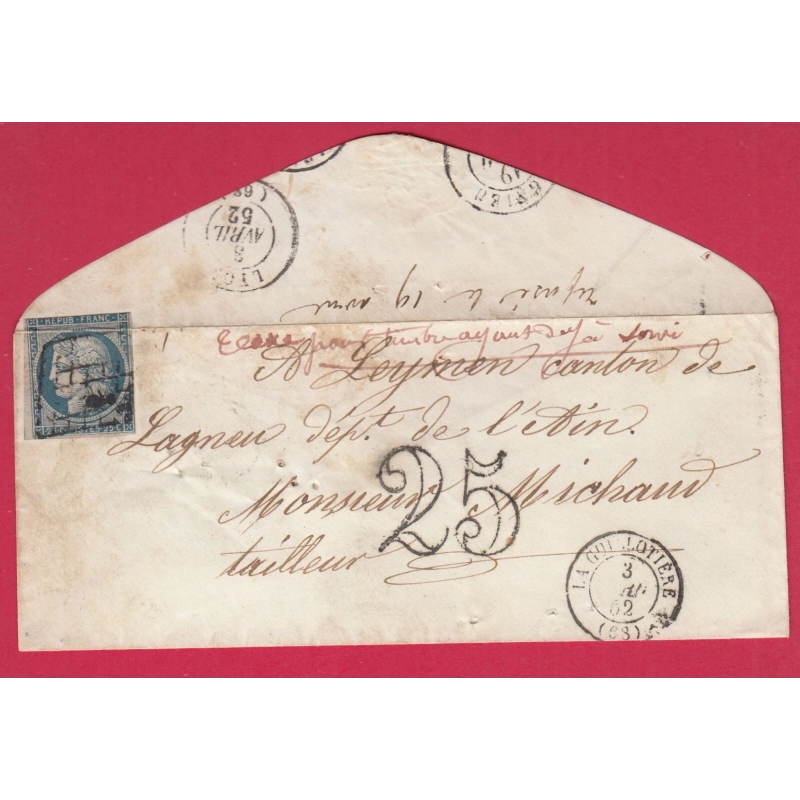 N°4 TAXE TAMPON 25C TIMBRE AYANT DEJA SERVI GRILLE LA GUILLOTTIERE LYON RHONE 1852 LAGNIEU AIN LETTRE COVER