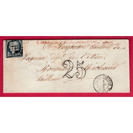 N°4 TAXE TAMPON 25C TIMBRE AYANT DEJA SERVI GRILLE LA GUILLOTTIERE LYON RHONE 1852 LAGNIEU AIN LETTRE COVER