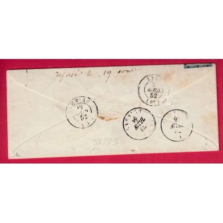 N°4 TAXE TAMPON 25C TIMBRE AYANT DEJA SERVI GRILLE LA GUILLOTTIERE LYON RHONE 1852 LAGNIEU AIN LETTRE COVER