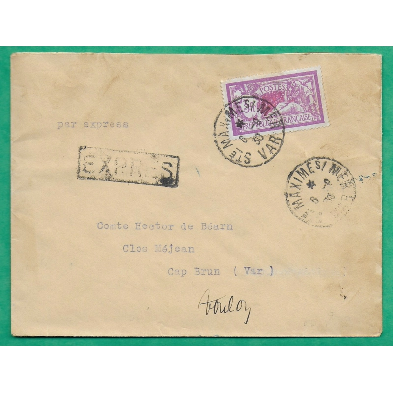N°240 MERSON SEUL SUR LETTRE EXPRES STE MAXIME SUR MER VAR POUR CAP BRUN 1930 COVER FRANCE