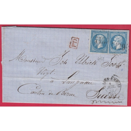 N°22X2 GC 4139 VERDUN SUR MEUSE POUR LANGNAU SUISSE 1864 LETTRE COVER