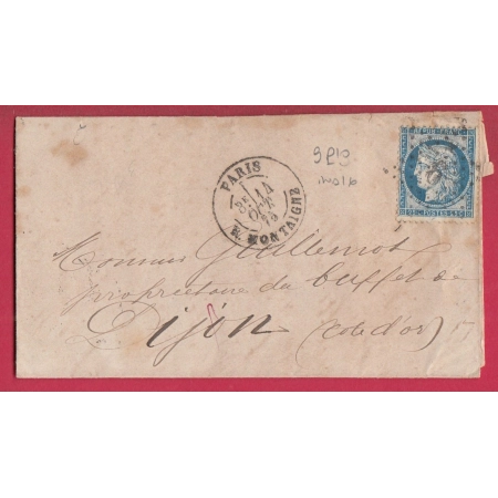 N°60 PARIS ETOILE 9P10 R MONTAIGNE INDICE 16 POUR DIJON COTE D'OR LETTRE COVER