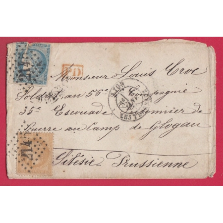 GUERRE 1870 N°45A 28 GC 2145 LYON POUR GLOGAU SILESIE PRUSSE PRISONNIER GUERRE EN ALLEMAGNE 3 JANV 1871 LETTRE COVER