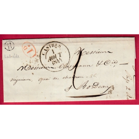 CAD TYPE 13 CASTRES TARN BOITE RURALE H LABREDE + DECIME RURAL 1844 POUR BORDEAUX LETTRE COVER
