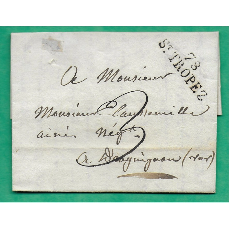 MARQUE 78 ST TROPEZ VAR POUR DRAGUIGNAN 35x11 1825 LETTRE COVER FRANCE