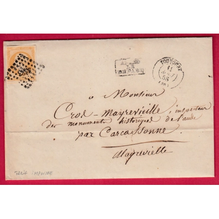 N°13 PC 3383 TARIF IMPRIME TOULOUSE HAUTE GARONNE APRES LE DEPART POUR CARCASSONNE AUDE 1858 LETTRE COVER