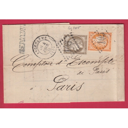 N°38 56 GC 105 ANGOULEME CHARENTE POUR PARIS 1875 LETTRE COVER