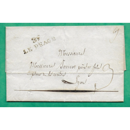 MARQUE 37 LE PEAGE DE ROUSSILLON ISERE DEPART ANJOU POUR LYON RHONE 36x12 1823 LETTRE COVER FRANCE