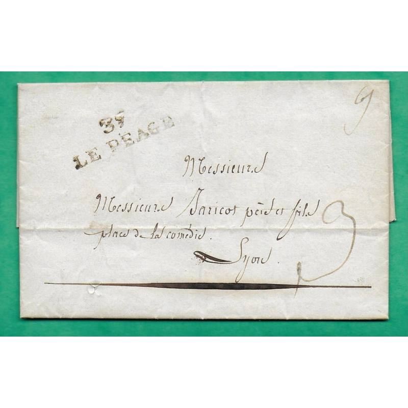 MARQUE 37 LE PEAGE DE ROUSSILLON ISERE DEPART ANJOU POUR LYON RHONE 36x12 1823 LETTRE COVER FRANCE