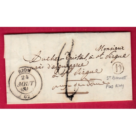 CAD TYPE 14 RIOM PUY DE DOME 1847 BOITE RURALE D ST BONNET PRES RIOM POUR AIGUEPERSE LETTRE COVER