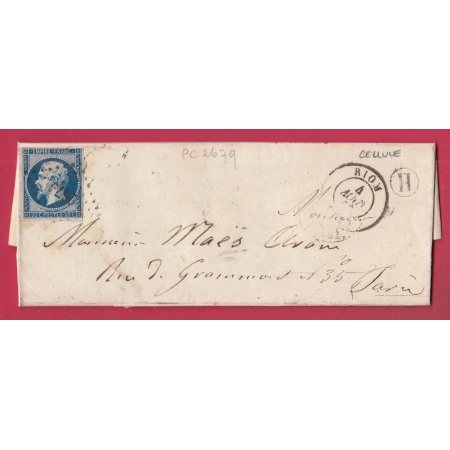 N°14 PC 2679 RIOM PUY DE DOME BOITE RURALE H CELLULE POUR PARIS LETTRE COVER