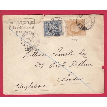 N°28 90 PARIS R LAFAYETTE 1891 POUR LONDRES LONDON ANGLETERRE LETTRE COVER