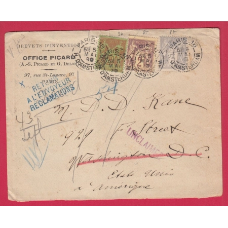 N°96 85 87 PARIS R D'AMSTERDAM RETOUR ENVOYEUR RECLAMATIONS WASHINGTON DC USA 1899 ETATS UNIS AMERIQUE LETTRE COVER