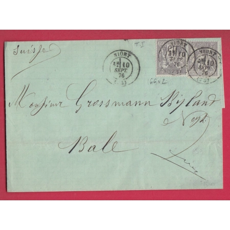 N°66 X2 N/B CAD NIORT DEUX SEVRES POUR BALE SUISSE AMBULANT DE JOUR PARIS LANGRES AU DOS LETTRE COVER
