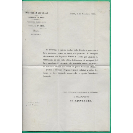 FRANCHISE SARDE IMPRIMEE INTENDENTE DI NIZZA MARITTA NICE 1853 LETTRE COVER FRANCE