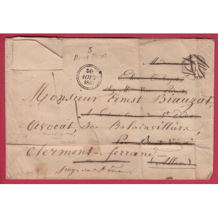 CURSIVE 3 BROU VERNET ALLIER DATEUR A 1853 TIMBRES DECOUPE INDICE 19 SANS TIMBRES POUR CLERMONT LETTRE COVER