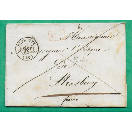 CAD TYPE 15 FERRETTE HAUT RHIN PP ROUGE POUR STRASBOURG BAS RHIN 1843 LETTRE COVER FRANCE