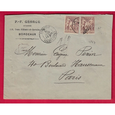 N°67 X2 CAD CHARGEMENT BORDEAUX GIRONDE 1881 RECOMMANDE POUR PARIS LETTRE COVER
