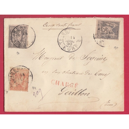 N°94 97 X2 THIBERVILLE EURE 1890 LETTRE CHARGE POUR GAILLON COVER