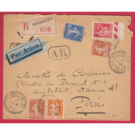 SEMEUSE PAIX FACTEUR BOITIER RECOMMANDE GHISONACCIA CORSE POUR PARIS 1936 LETTRE COVER