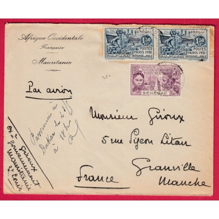 SAINT LOUIS SENEGAL 1931 LETTRE PAR AVION GOUVERNEMENT MAURITANIE POUR GRANVILLE MANCHE  LETTRE COVER