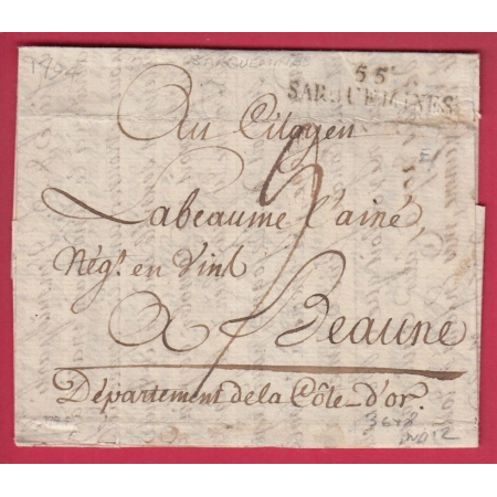MARQUE 55 SARREGUEMINES MOSELLE 1794 POUR BEAUNE COTE D'OR INDICE 12 LETTRE COVER